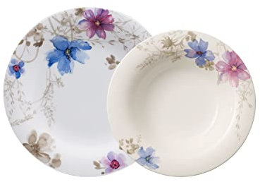 Villeroy & Boch - Mariefleur Gris Dinner-Set Bunt, Spülmaschinenfest, Mikrowellensicher, Geschirrset 6 Personen, Geschirr Set, Tafelservice, Essgeschirr, Flache Teller, Kombiservice, Premium Porzellan