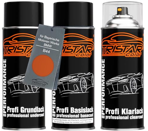 TRISTARcolor Autolack Spraydosen Set für Bayerische Motoren Werke/BMW B44 Valencia Orange Metallic Grundlack Basislack Klarlack Sprühdose 400ml