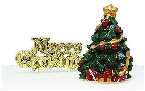 Anniversary House 2pcs Traditional Christmas Tree Resin Cake Topper & Gold Merry Christmas Motto Luxury Boxed Festive Cake Decorations, Festive Toppers, Yule Log Decorations, BX219