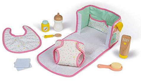 Janod - Kinder Wickeltasche mit Accessoires aus Holz - Faltbarer Wickeltisch - 8 Puppen Zubehörteile - Mit Lätzchen, Windel, Flasche - FSC-Zertifiziert - Baby Spielzeug ab 2 Jahren, J06501