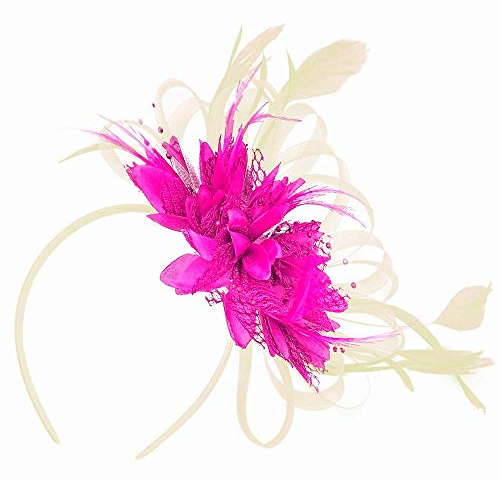 Ivory Cream and Fuchsia Hot Pink Fascinator Headband Net Hoop Feather Hair Wedding Royal Ascot Races