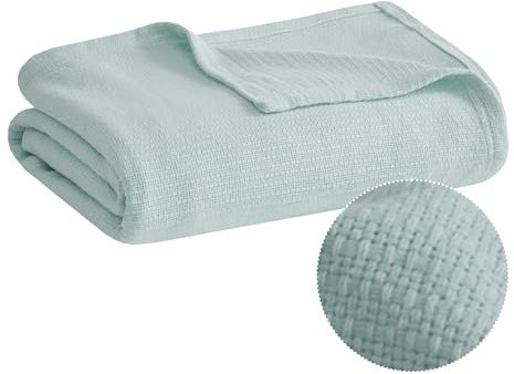 Madison Park Freshspun Basketweave Luxury Cotton Blanket Blue 66x90 Twin Size Basketweave Premium Soft Cozy 100% Cotton For Bed, Couch or Sofa