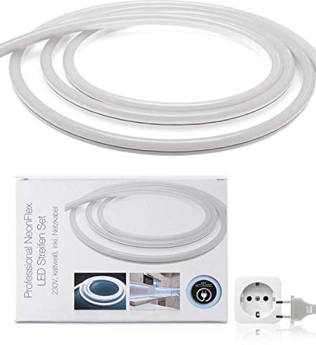 LED Universum 20 Meter Pro230 NeonFlex LED Streifen kaltweiß mit Netzanschlusskabel, IP65, 230 V, 9 W/m, 280 lm/m, für Innen- und Außenbereich