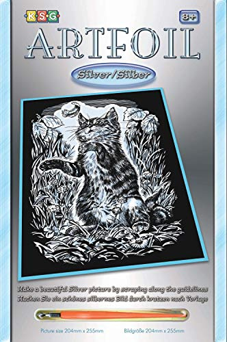 Mammut 8251034 - Artfoil, Kratzbild, Tiermotiv, Kätzchen, Katze, Silber, Komplettset mit Kratzbild, Kratzmesser und Anleitung, Scraper, Scratch, Kratzset für Kinder ab 8 Jahre