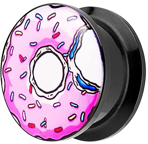 Piersando Ohr Plug Piercing Kunststoff Motiv Comic Picture Flesh Tunnel Ohrplug mit Donut Pink Rosa Schwarz 14mm