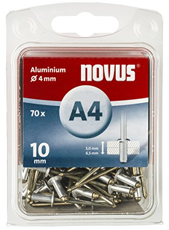 Novus Aluminium-Blindnieten 10 mm, 70 Nieten, Ø 4 mm, 5.0-6.5 mm Klemmlänge, für Nichteisen Metall, Kunststoff und Leder