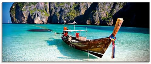 ARTland Wanddeko Glasbilder Wandbild Glas Bild einteilig 125x50 cm Querformat Strand Meer Südsee Boot Thailand Maya Bay KOH Phi Phi Felsen Natur T5VI