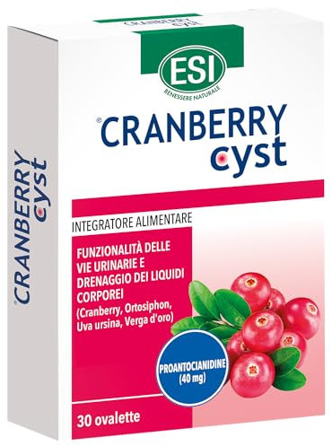 ESI - Cranberry Cyst, Integratore Alimentare con Uva Ursina, Utile per la Funzionalità delle Vie Urinarie e il Drenaggio dei Liquidi Corporei, Senza Glutine e Vegano, 30 Ovalette