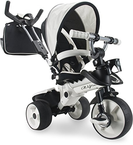 Dreirad Evolutionär Baby 6-36 Monate Weiß + Sonnendach + Sicherheitsgurt + Verstellbarer Griff + Tasche + Eimer + Gummiräder – Kinderdreirad mit Schubstange Ergonomisch Stabil | INJUSA