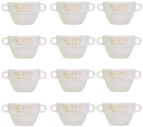 DRULINE 12x Set Suppentasse Weiß aus Keramik Ø 13 cm mit Henkel – Hochwertige Suppenschale, Hitzebeständig und Leicht – Perfekt für Suppe, Eintöpfe & heiße Getränke – Stapelbar und Spülmaschinenfest