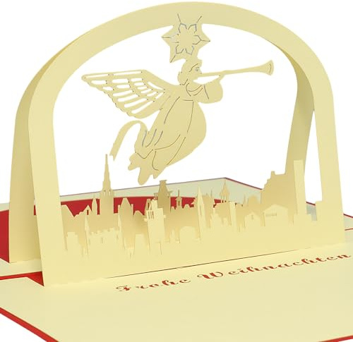 LINPOPUP® 3D - Pop Up - Weihnachtskarte – Festliche Weihnacht Grußkarte als Faltkarte mit Engel und Weihnachtslandschaft – Edles Weihnacht - Geschenk, N407
