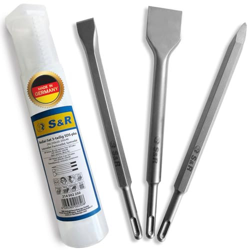 S&R Meißel-Set 3-tlg. Made in Germany in Industrie-Qualität, SDS-plus, Spatmeißel, Flachmeißel, Spitzmeißel, besonders hohe Standzeit, optimierte Meißel- und Klingengeometrie, in robuster Box