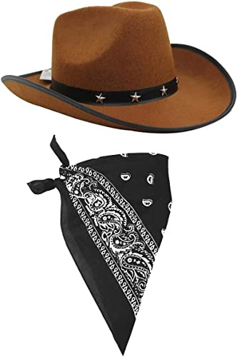 ILOVEFANCYDRESS Cowboy Zubehör-Set mit braunem Cowboyhut mit Stern-Nieten und Band und farbige Bandana / Tuch mit Paisley-Muster