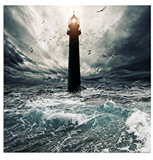 Paul Sinus Art 120x80cm - WANDBILD Meer Wellen Sturm Leuchtturm - Leinwandbild auf Keilrahmen modern stilvoll - Bilder und Dekoration