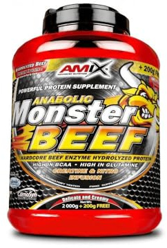 AMIX - Monster Beef Protein -2 Kg + 200 Gr - Suplemento Alimenticio - Mejora del Rendimiento - Proteína de Suero - Glutamina en Polvo - Nutrición - Proteína de Ternera - Sabor Fresa/Plátano