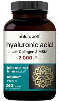 NatureBell Hyaluronic Acid 2,000mg with Collagen & MSM - 240 Capsules - Skin Hydration, Hair, Nail & Joint Support - Water Soluble Formula for Easy Absorption* - Non-GMO & Gluten-Free