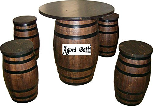 Fass Tisch und Hocker für Restaurants, Bars – rustikales Design im Landhausstil – Buchenholz – 5 Holzfässer (1 x 100 L + 4 x 40 L) – Personalisierung auf Anfrage