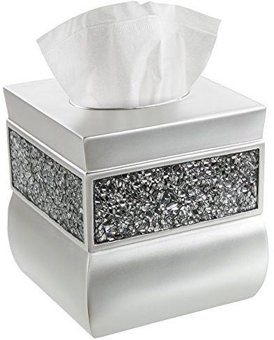 Creative Scents Crackled Glass Silver Tissue Box Cover Square - Decorative Tissue Box Holder - Tissue Holder Vessel for Bathroom with Durable Bottom Slider, Elegant Home or Bathroom Decor