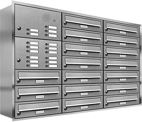 AL Briefkastensysteme, 17er Unterputzbriefkasten, Briefkasten mit Klingel, 17 Fach, Briefkastenanlage modern, rostfrei Edelstahl Postkasten