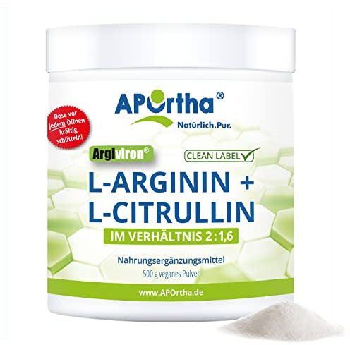 APOrtha L-Arginin & L-Citrullin veganes Pulver I Verhältnis L-Arginin zu L-Citrullin 2 : 1,6 I Nahrungsergänzungsmittel rein pflanzlich ohne Zusätze I Premium Qualität I 500 g Pulver