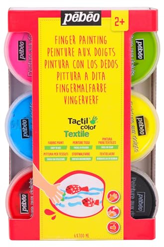 Pébéo - Tactilcolor Colori tessili “Base” - Astuccio 6 pz da 100 ml - Pittura lavabile per bambini - Risveglio attività creative a partire da 2 anni - Pittura con le dita su tessuto - 6 barattoli da 100 ml + istruzioni