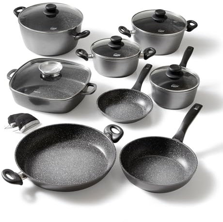 STONELINE Topfset Induktion, 13-teiliges Topfset mit Deckel, Kochtopf Set beschichtet mit echten Steinpartikeln, Aluguss Töpfe und Pfannen geeignet für alle Herdarten