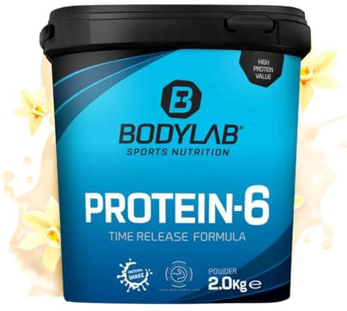 Bodylab24 Protein-6 Vanille 2kg / Mehrkomponenten Protein Vanille, Eiweißpulver aus 6 hochwertigen Eiweiß-Quellen / Protein-Shake für Muskelaufbau