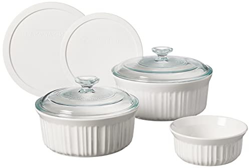 CorningWare French White 7-teiliges Keramik-Backformen-Set mit Deckel, splitter- und rissfeste Steinzeug-Backform, mikrowellen-, spülmaschinen-, ofen-, gefrier- und kühlschrankfest