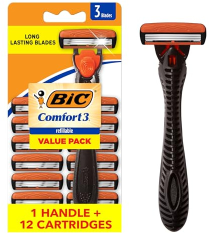 BIC Comfort 3 Men's Refillable 3-Blade Razors with 1 Handle and 12 Cartridges, Smooth Shave Razor Set for Men