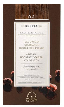 KORRES Coloration Permanente aux Extraits Végétaux Couvre 100% des Cheveux Blancs sans Ammoniaque/PPD 6.3 Blond Miel Doré