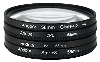 Andoer 58 mm UV + CPL + close-up + 4 + estrellas 8 puntos filtro Circular Kit polarizador filtro Macro Close-up Filtro Estrella de 8 puntos con bolsa para Canon Nikon Pentax Sony DSLR Camera
