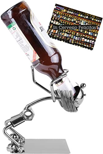BRUBAKER Flaschenhalter Lustiger Trinker Metall Skulptur Geschenk für Bier, Wein, Wodka, Korn - mit Grußkarte!