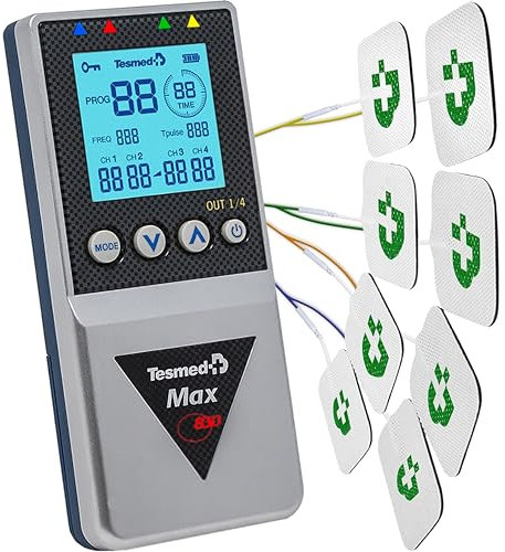 TESMED Max 830: Professionelles TENS/EMS/Massagegerät mit sequentieller Stimulation, 4 Kanäle, 115 Programme, Davon 20 Anpassbar, Wiederaufladbar, Inklusive 20 Elektroden