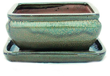 exotenherz - Bonsai-Schale mit Unterteller Gr. 2 - Oliv-Braun - eckig - Modell G81 - L 14,5cm - B 11,3cm - H 6,6cm