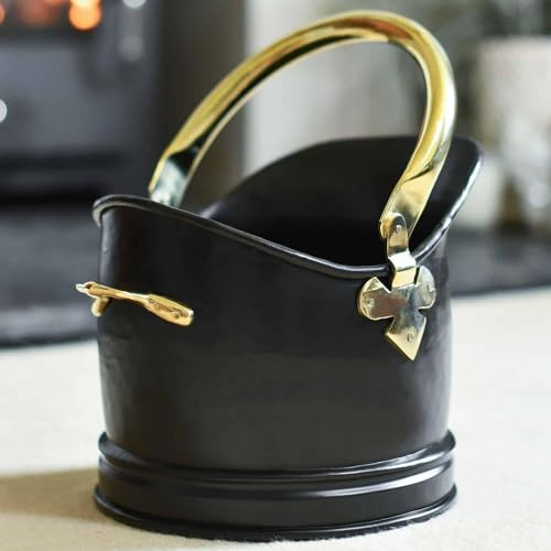 19cm Polished Brass & Black Iron Traditional Heavy Duty Coal Scuttle & Log Bucket – Metal Fireplace Storage Container for Wood, Kindling & Ash – Fireside Accessory for Hearth, Cabin & Home