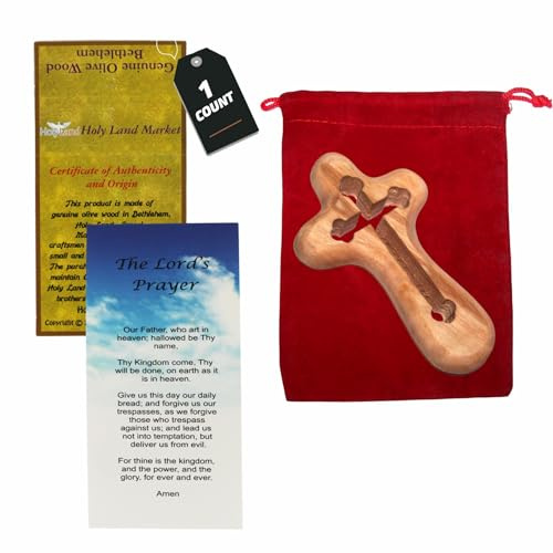 Holy Land Market Hand Cross Carved with Byzantine - Orthodox Cross Shape All The Way Through Package. Comes with Gift Box,Velvet Bag & Lord's Prayer Card - 4 Cross