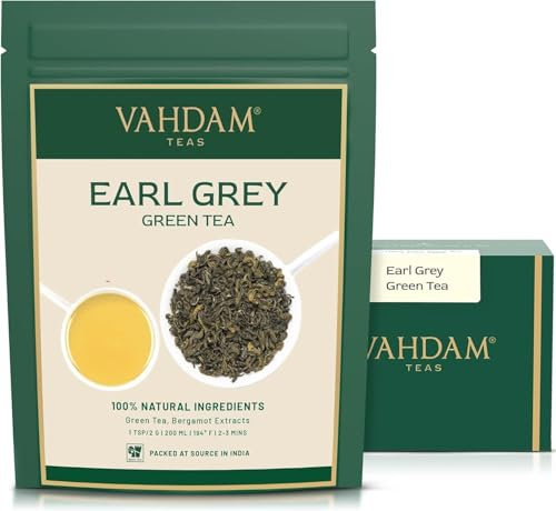 VAHDAM, Feuille de Thé Vert Earl Grey (100g, 50+ tasses) Thé Earl Grey à Feuilles Avec des Feuilles de Thé Vert Pur | Directement de La Source