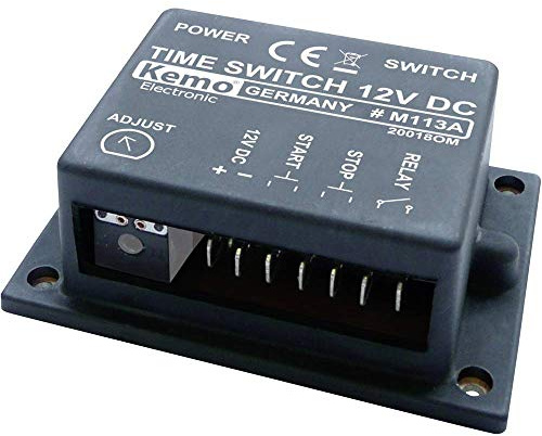 Kemo M113A Zeitschalter 12 - 15 V/DC. Stromaufnahme ca. 20 mA (Aus) / 80 mA (Ein). Einstellbare Zeit ca. 2 Sekunden bis 23 Minuten. Mit 2 LED-Anzeigen, Schwarz