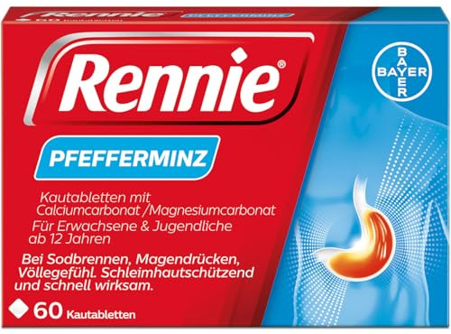Rennie Pfefferminz I gegen Sodbrennen I wirkt in Minuten I 60 Kautabletten | Auch bei Völlegefühl und saurem Aufstoßen. Für Schwangere geeignet. Schützt die Schleimhaut.