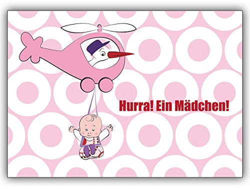 Kartenkaufrausch 4er Set mit Umschlag: Super süße Mädchen Babykarte mit Storch im Helikopter: Hurra! Ein Mädchen! • zauberhafte Willkommens Grusskarte, Geschenk-karte für Mitarbeiter, Familie