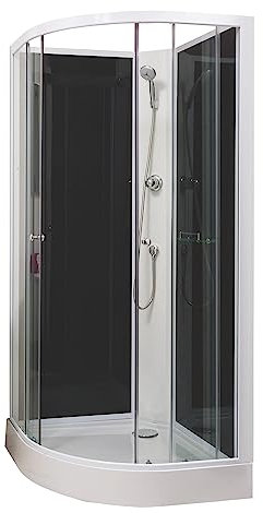 ONDÉE, Cabine de douche GENA, Montage sans silicone, Cabine accès d'angle à porte coulissante en verre trempé 5mm, 90x207cm, Profilés en aluminium blanc et panneaux de fond en verre trempé noir