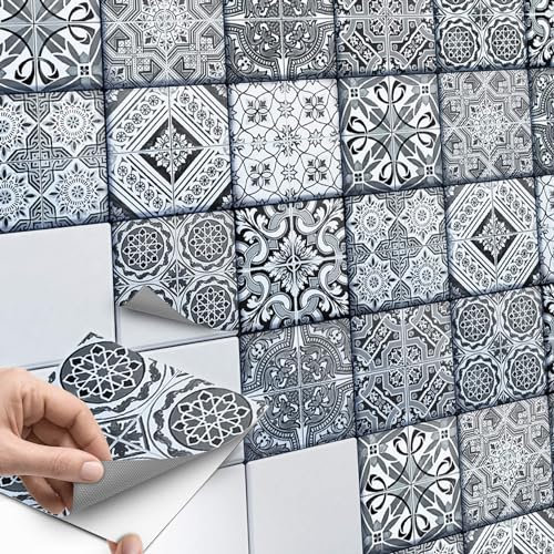 40 Stück Fliesenaufkleber für Bad und Küche 15x15 cm - Mosaikfliesen, Klebefliesen - selbstklebende Fliesen SET // Design: Black n White