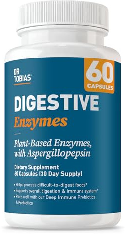 Dr. Tobias Digestive Enzymes with Amylase, Bromelain, Lipase, Lactase, Protease, Papain & More, Digestion Supplement with 18 Enzymes for Digestion and Gut Health, 60 Capsules, 30 Servings