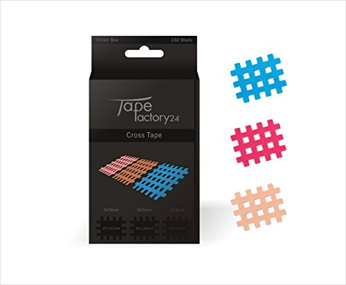 Tapefactory24 Cross-Physiotapes - Mixed Box mit 102 Pflaster in gemischten Farben – Akupunkturpflaster in Gitterform, Crosstape, Gitterpflaster, Kinesiologie Tape, Cross Tape, Gittertape, Crosslings, Spiraltape, Akutape, Tapen, Tapes, Kinesiology, Sport, Medizin, Aku Taping, Schmerzen, Rücken, Nacken, Knie, elastisches Klebeband, Pflaster, Band, Arme, Beine, Rolle, Klebeband, Hals, Rollen, Haut, Physio Tape, Physio Band, elastisches Band