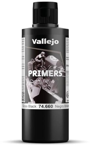 Vallejo Grundierung Acrylfarbe Schwarz Glänzend Schnelltrocknend, 200ml für Airbrush für Modellbau und Figuren.