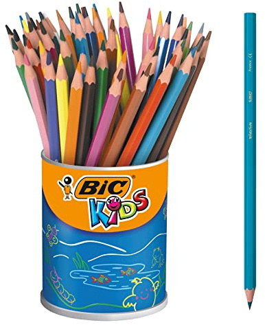 BIC Kids Evolution ECOlutions Crayons de Couleur Enfant, Parfait pour l'Ecole - Couleurs Assorties, Pot à Crayons x60