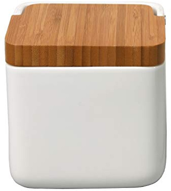 DONREGALOWEB Salero Cuadrado de cerámica con Tapa de Madera Decorado en Color Blanco.