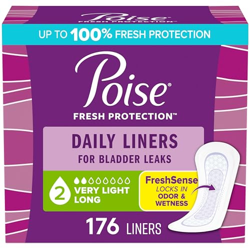 Poise Daily Liners, Incontinence Panty Liners for Bladder Leaks, 2 Drop Very Light Absorbency, Long Length, 176 Count of Pantiliners (4 Packs of 44), Packaging May Vary