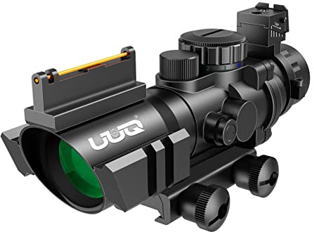 UUQ Prism 4x32 Red/Green/Blue Triple Illuminated Rapid Range Reticle Rifle Scope W/Top Fiber Optic Sight and Weaver Slots (12 Month Warranty)