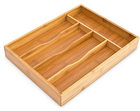 Relaxdays Besteckkasten HxBxT: ca. 4,5 x 25,5 x 34 cm Besteckbox aus Bambus Besteckeinteiler für die Schublade mit 5 Fächern als Besteckeinsatz und Schubladenorganizer Besteckeinlage aus Holz, natur